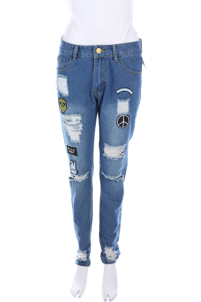 Ohne Label - Destroyed Skinny-Jeans mit Applikationen - S