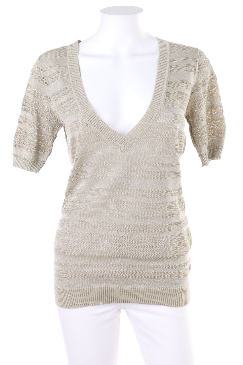 SAINT TROPEZ - Glitzer-Kurzarm-Strick-Pullover mit Lochstrick-Details - L