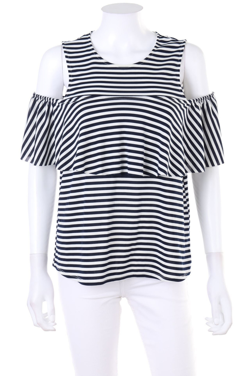 ZARA W&B - Cold-Shoulder-Kurzarm-Bluse mit Streifen - M