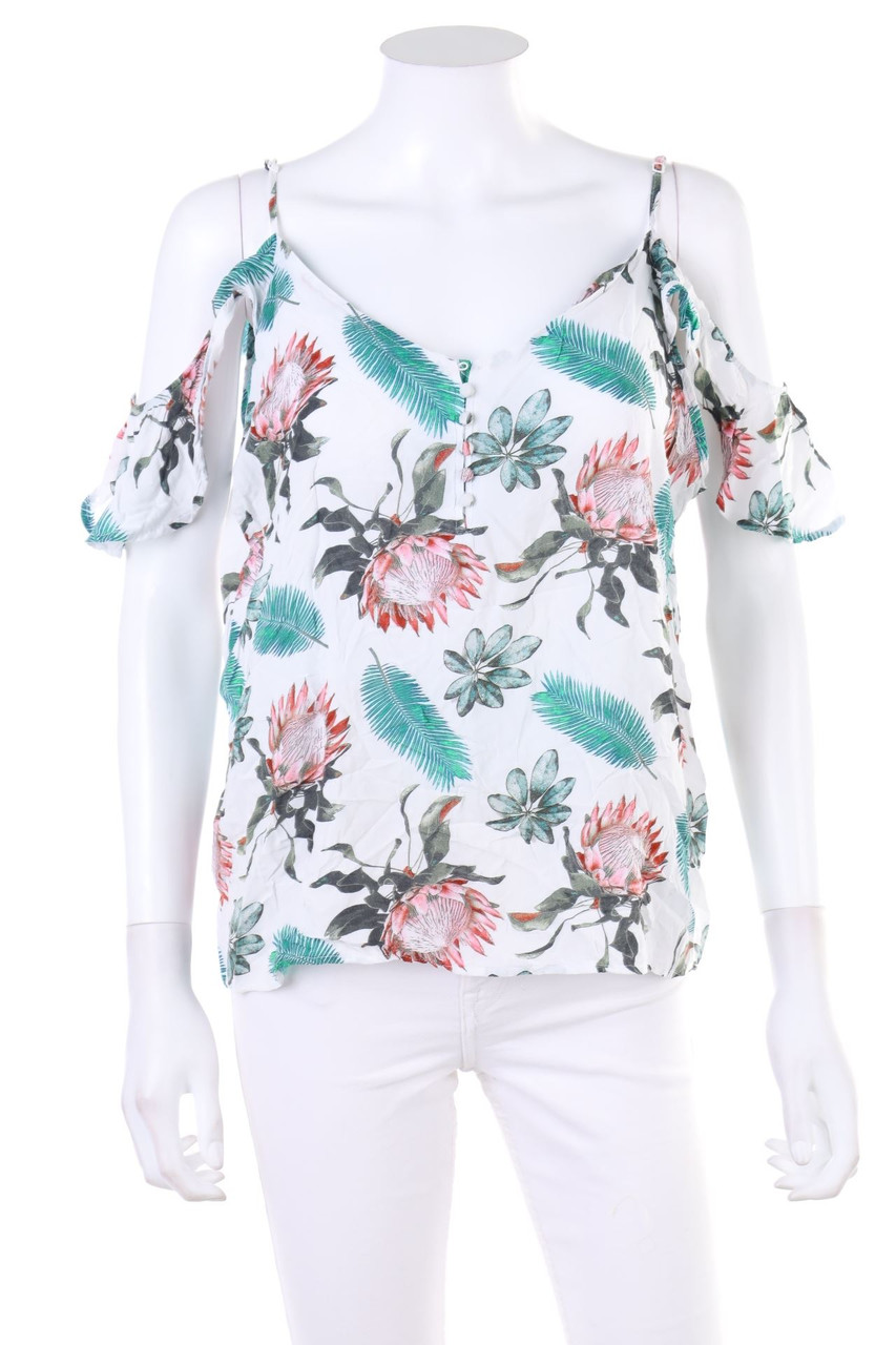 Ohne Label - Cold-Shoulder-Bluse mit Blumen-Print - D 44-46