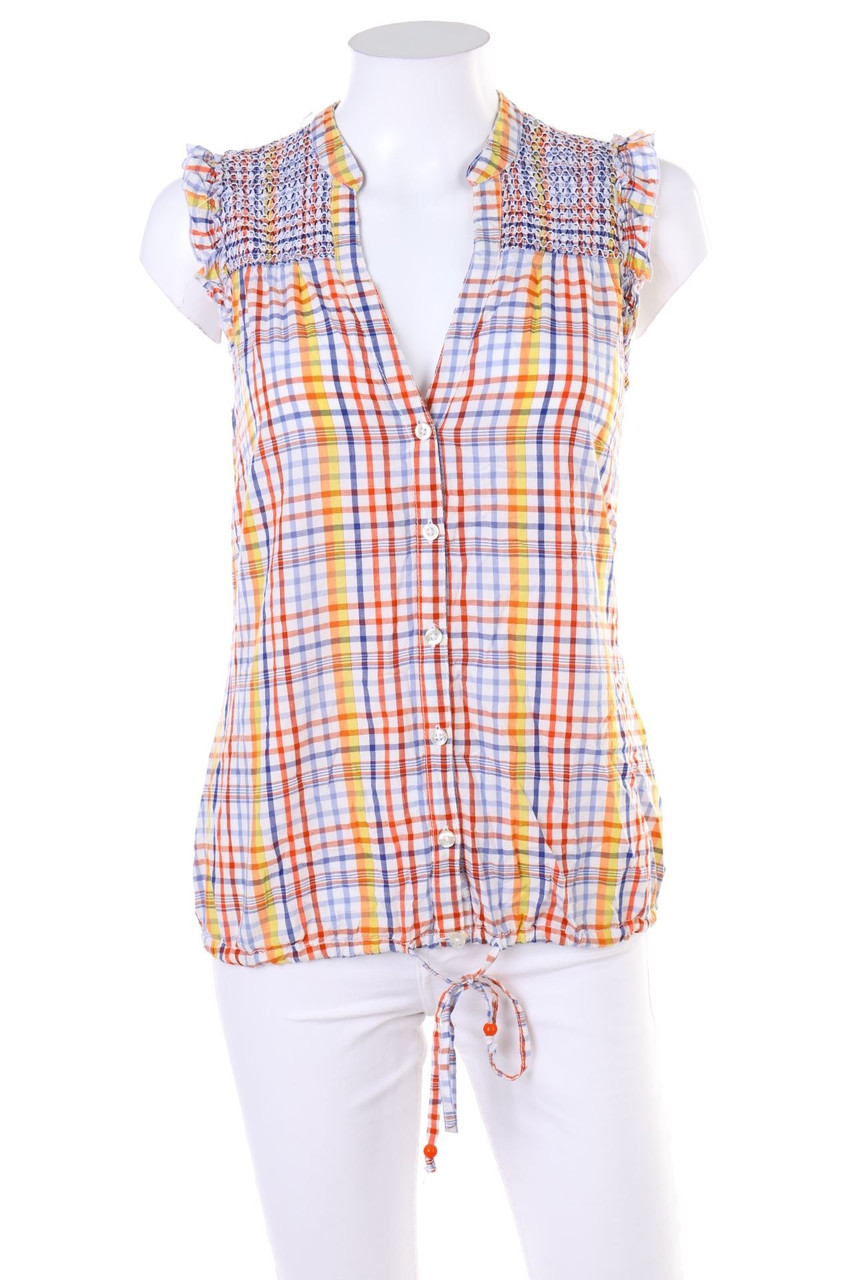 QS by s.Oliver - Karo-Blusentop mit Smok-Details - D 36