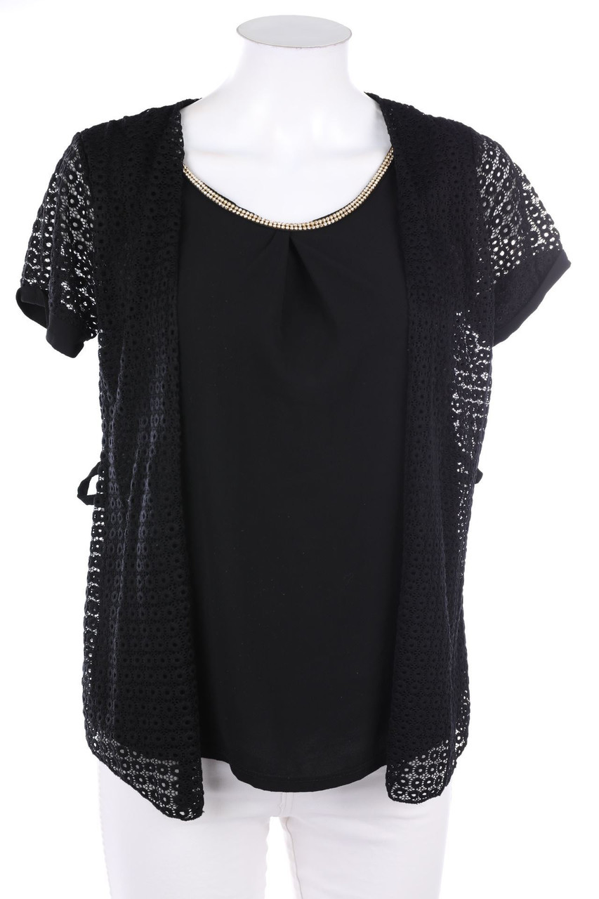 Ohne Label - Kurzarm-Bluse im Layer Look mit Strass-Steinen - D 40