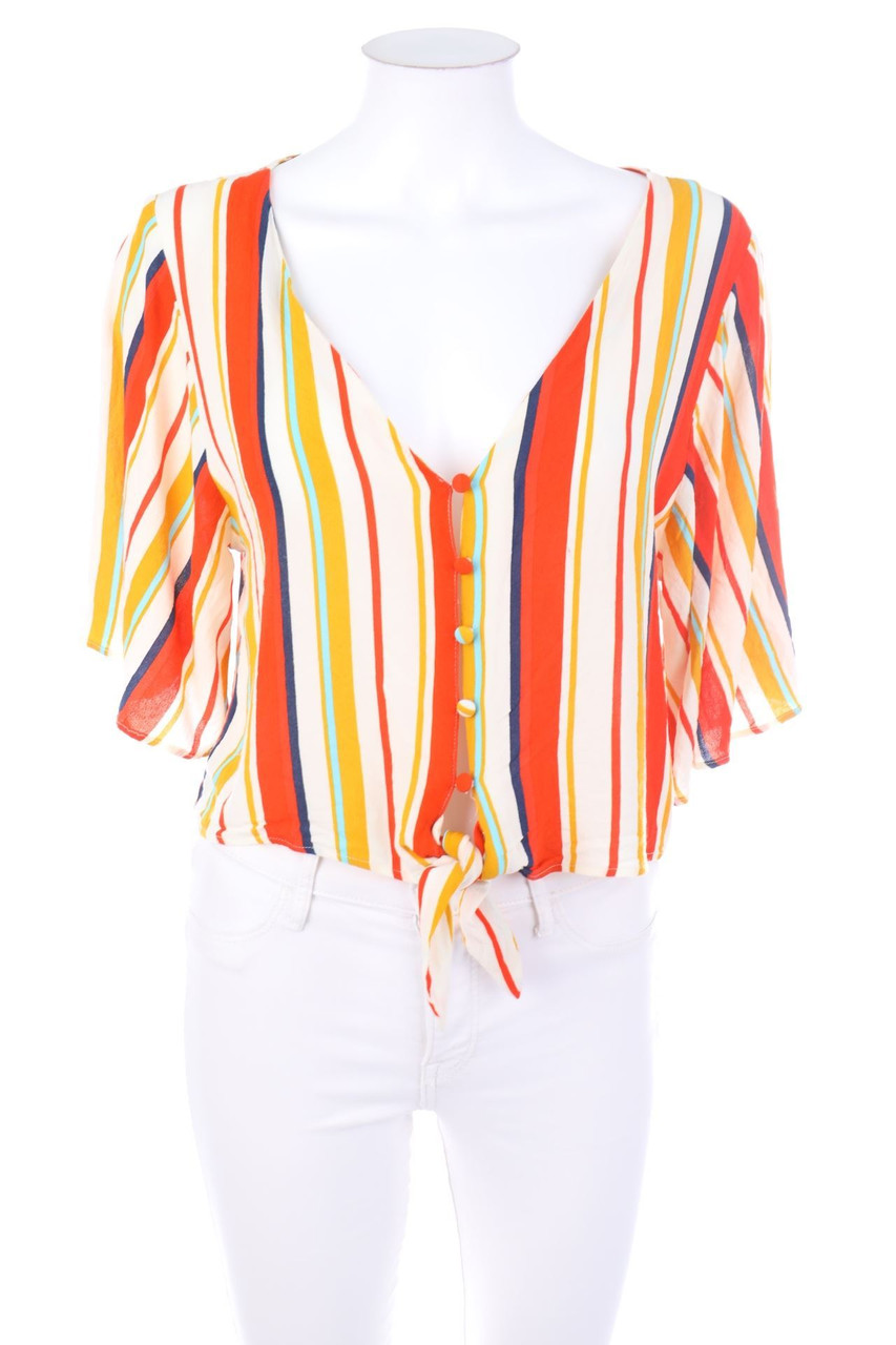 Bershka - Streifen-Kurzarm-Bluse zum Knoten - M