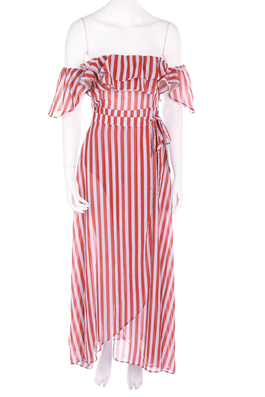 Ohne Label - Carmen-Maxi-Kleid mit Volants - M