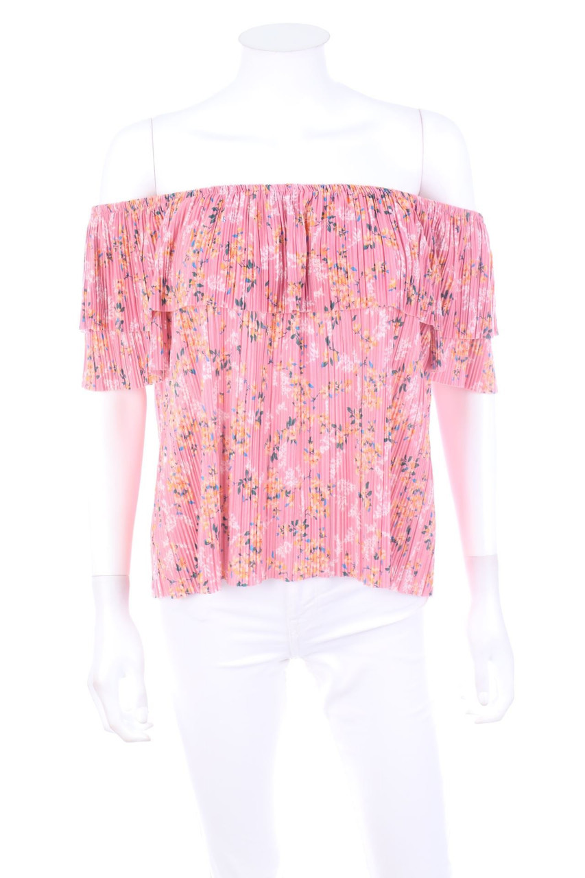 Ohne Label - Plissee-Carmen-Bluse mit Blumen-Print - M