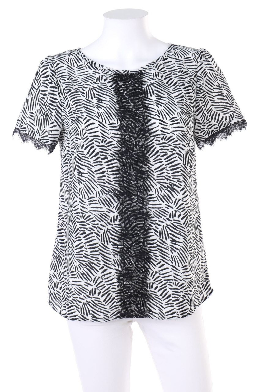 Ohne Label - Print-Kurzarm-Bluse mit Spitze - D 38
