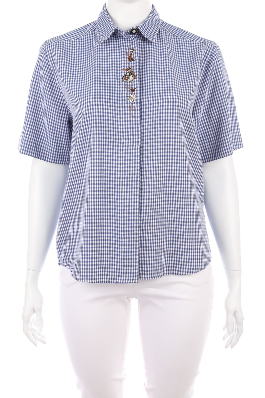 Ohne Label - Karo-Kurzarm-Bluse mit Applikationen - D 50