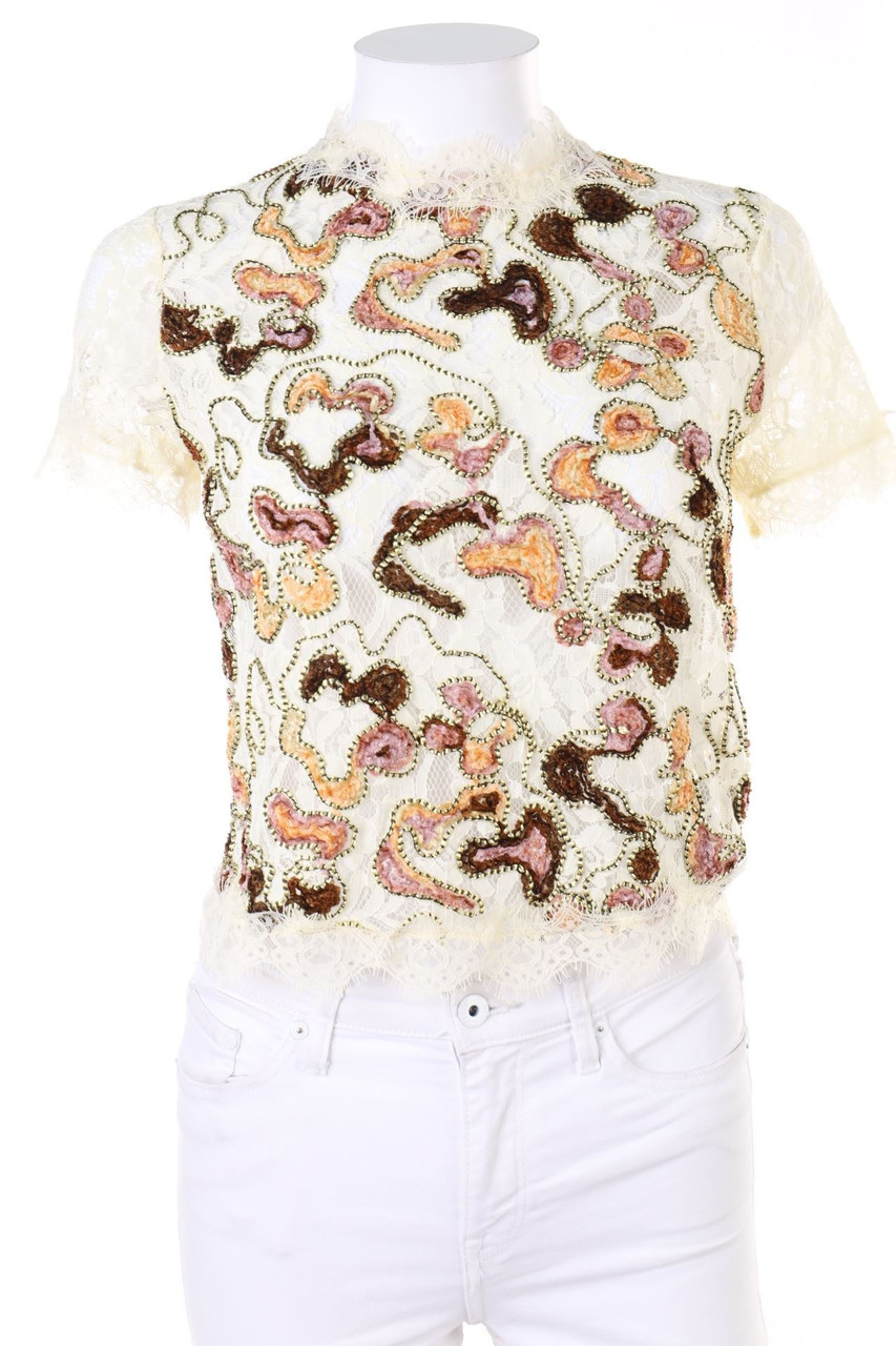 ZARA TRF - Spitzen-Kurzarm-Bluse mit Applikationen - D 34