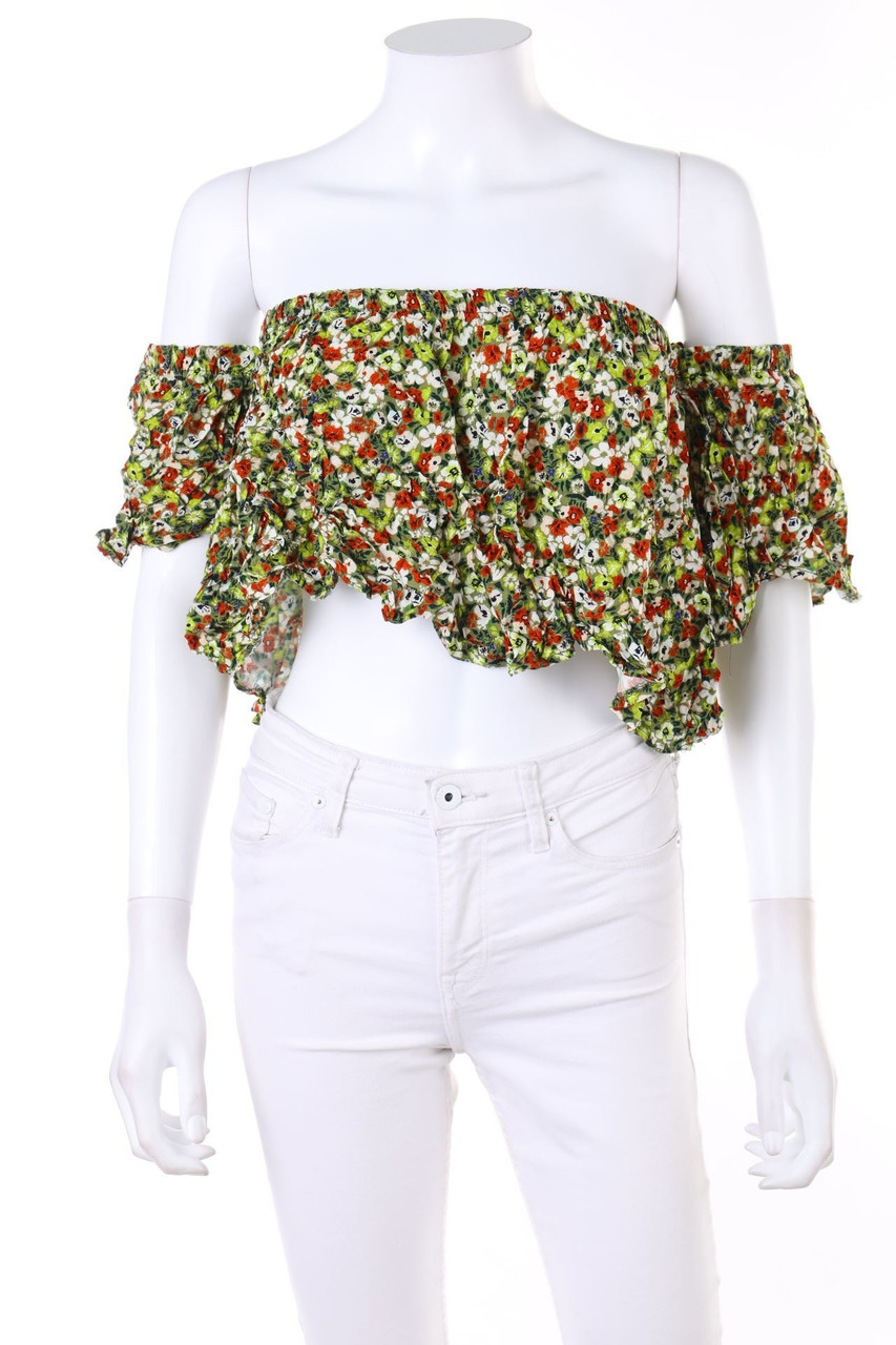 Ohne Label - Cropped-Carmen-Bluse mit Blumen-Print - S