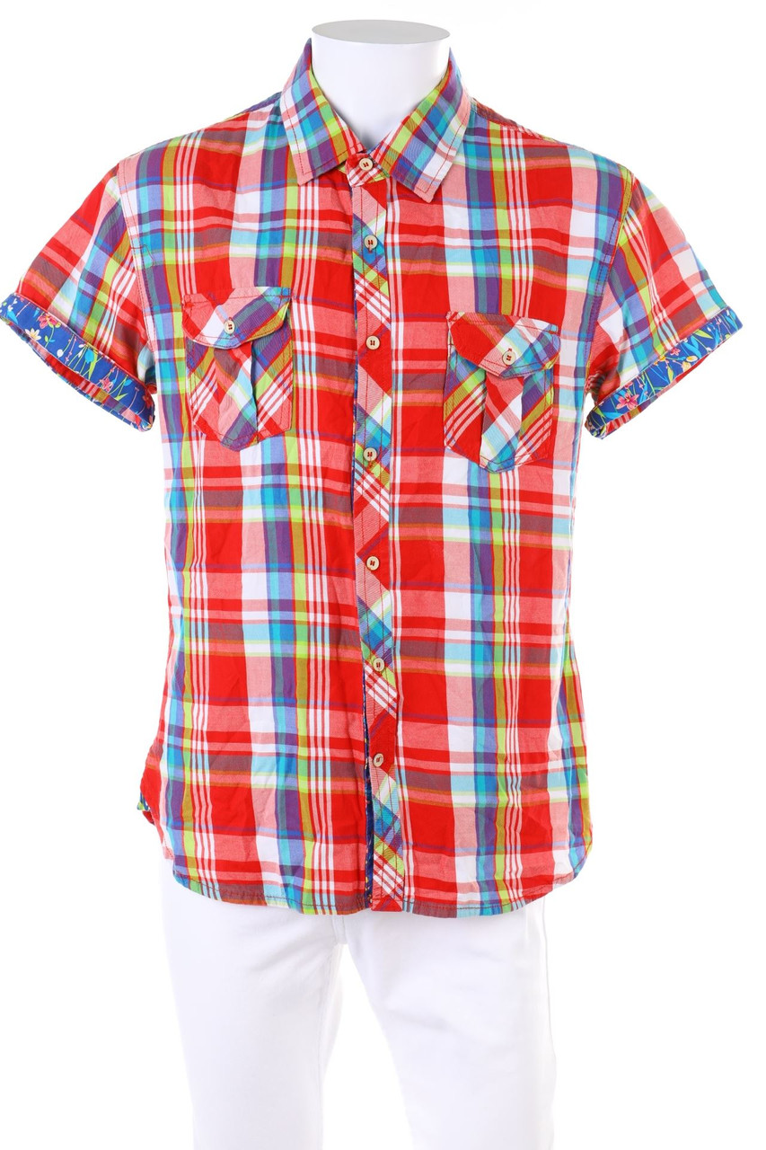 Ohne Label - Tartan-Kurzarm-Hemd mit aufgesetzten Taschen - XL