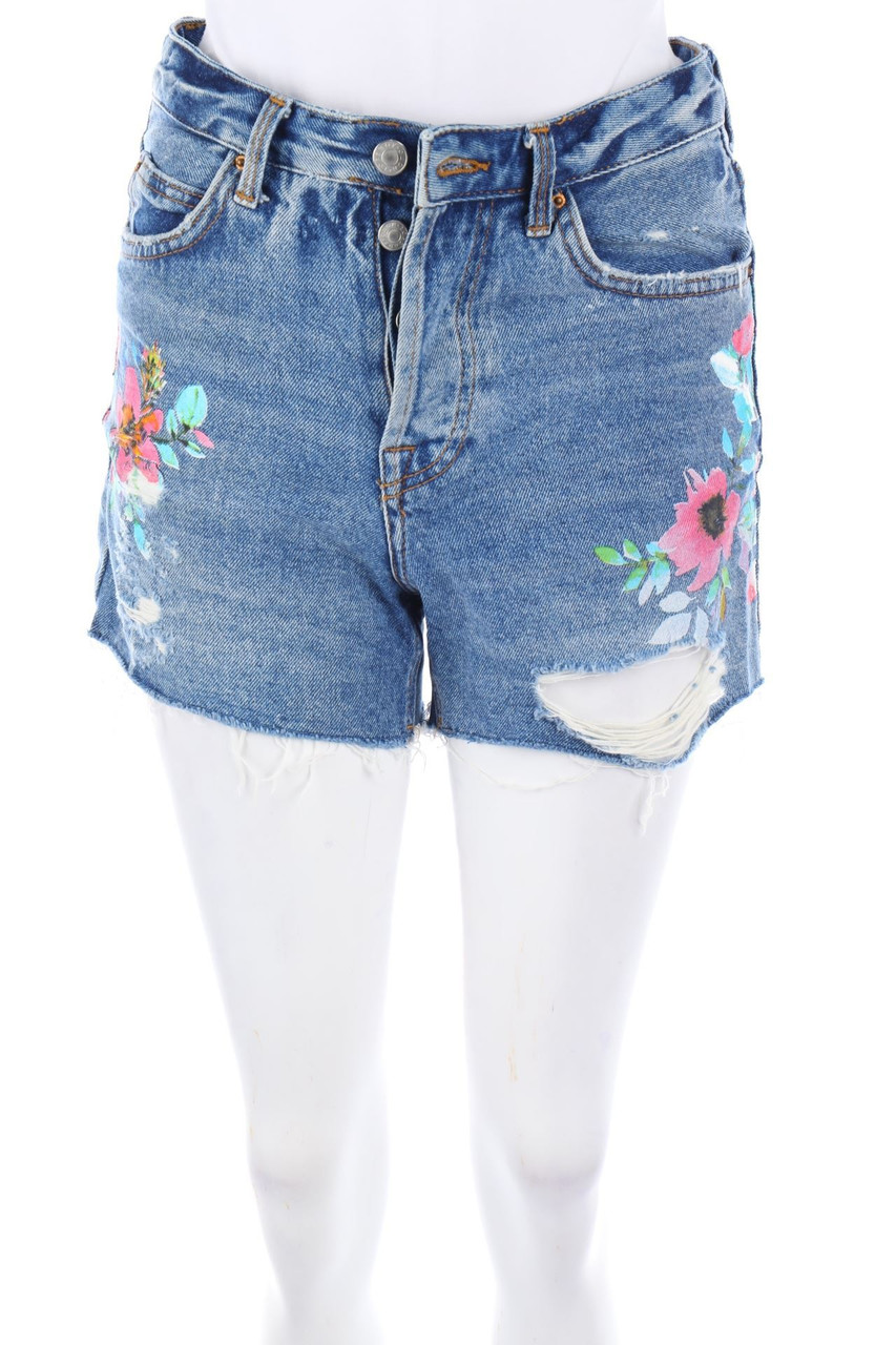 TOPSHOP Moto - Destroyed Jeans-Shorts mit Blumen-Print - D 32