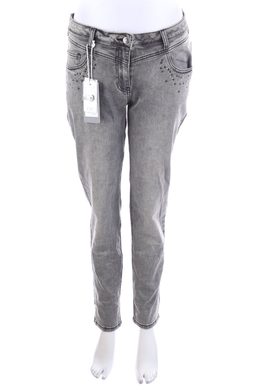 BROADWAY - Used Look Skinny-Jeans mit Schmuckstein-Applikation - L
