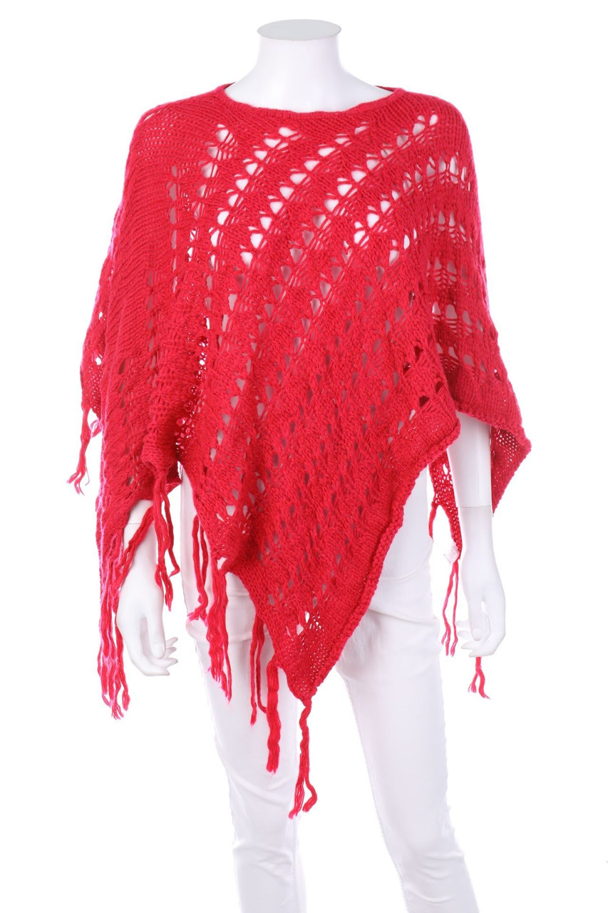 SECONDHAND - Poncho aus Lochstrick mit Fransen - ONE SIZE