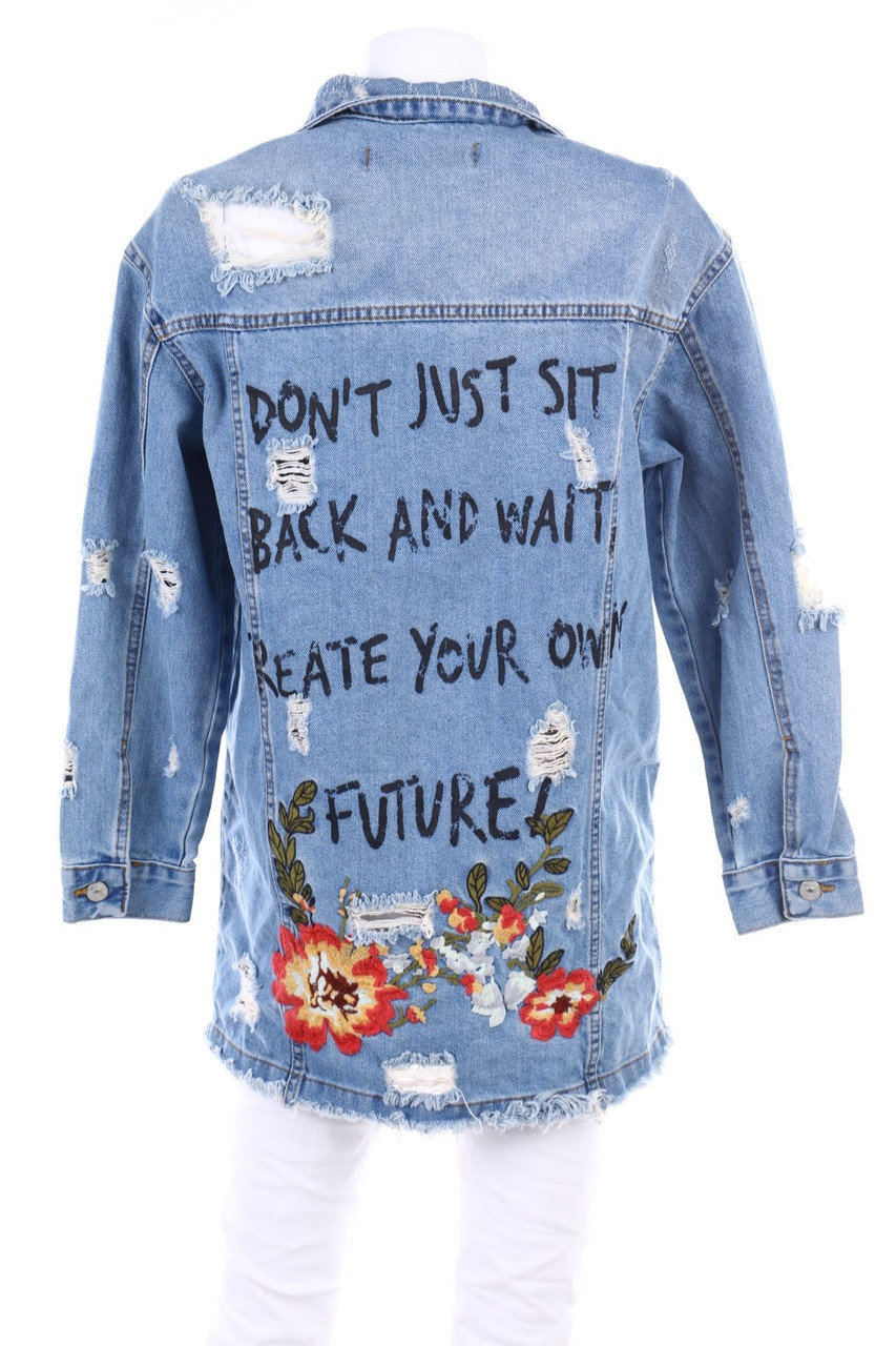 dilvin - Destroyed-Jeans-Jacke mit Statement-Print - D 36