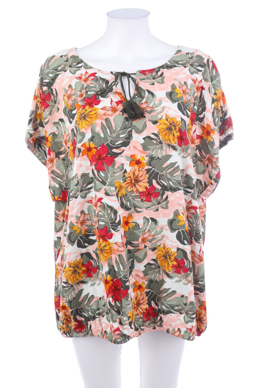 Ohne Label - Kurzarm-Bluse mit Tropical Print - XXL