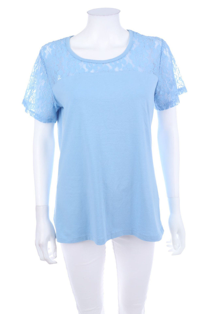 Ohne Label - Kurzarm-Bluse mit Spitze - M