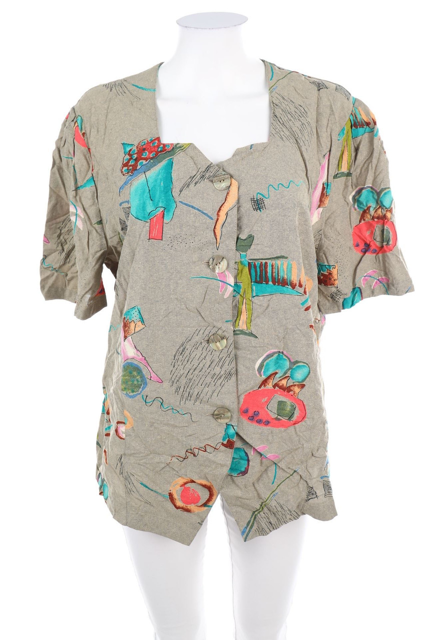 VINTAGE - Kurzarm-Bluse mit Print - D 44