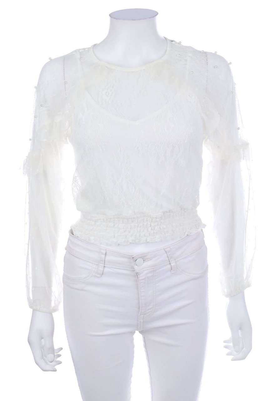 Ohne Label - Spitzen-Bluse mit Perlen - S