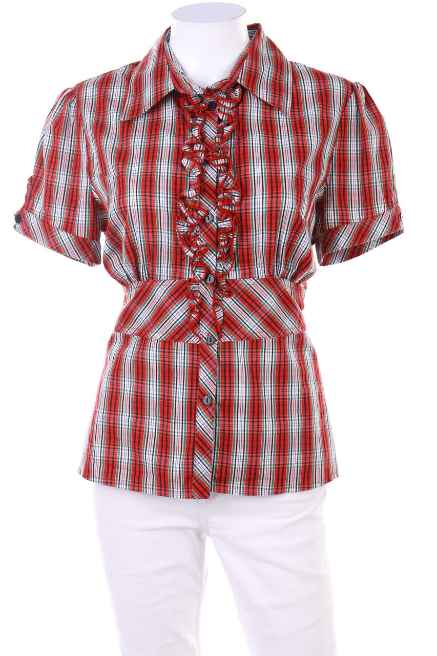 SECONDHAND - Karo-Hemd-Bluse mit kurzem Ärmel - D 42