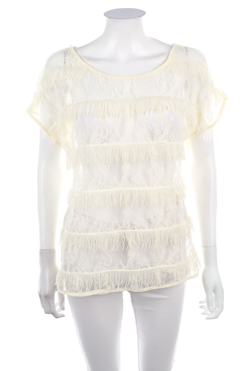 Ohne Label - Kurzarm-Bluse mit Fransen - L