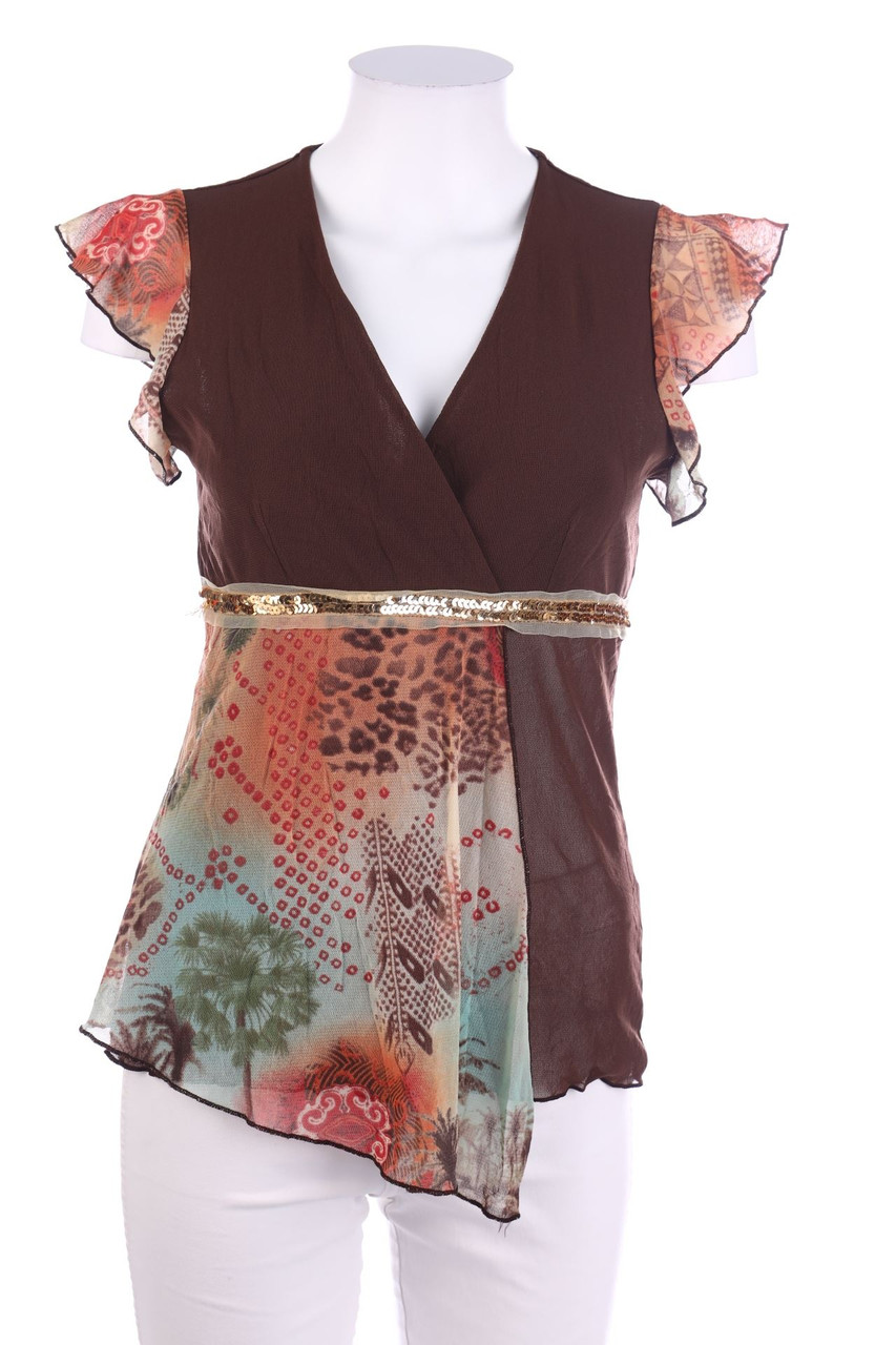 3 SUISSES - Mesh-Kurzarm-Bluse in Wickel-Optik mit Print - XS