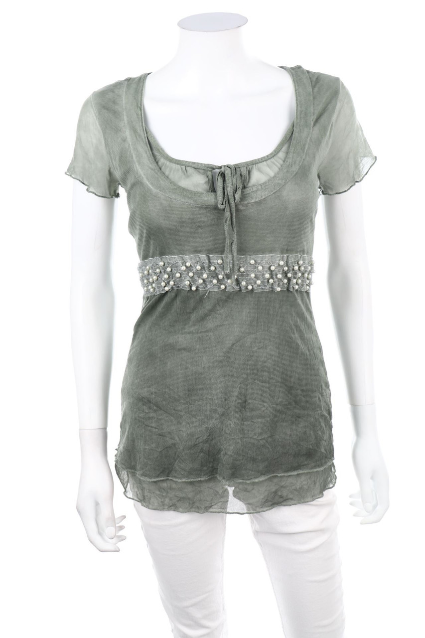 Susy Mix - Mesh-Kurzarm-Shirt mit Perlen - S