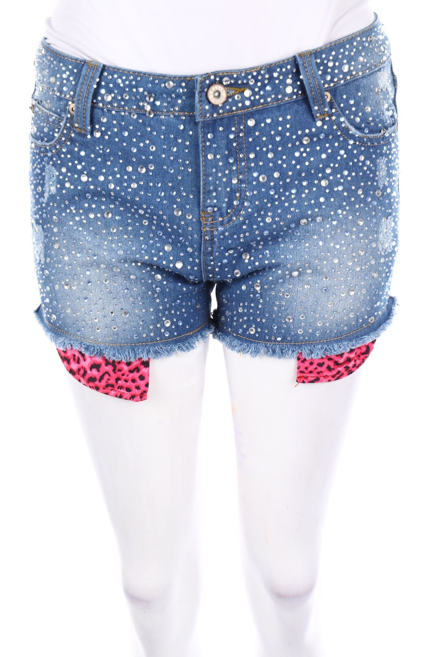 GIO CELLINI - Distressed Jeans-Shorts mit Schmuckstein-Applikation - L