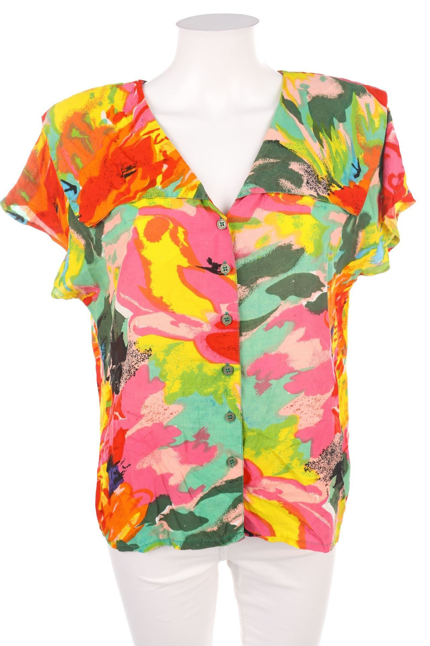 VINTAGE - Kurzarm-Bluse mit Blumen-Print - L