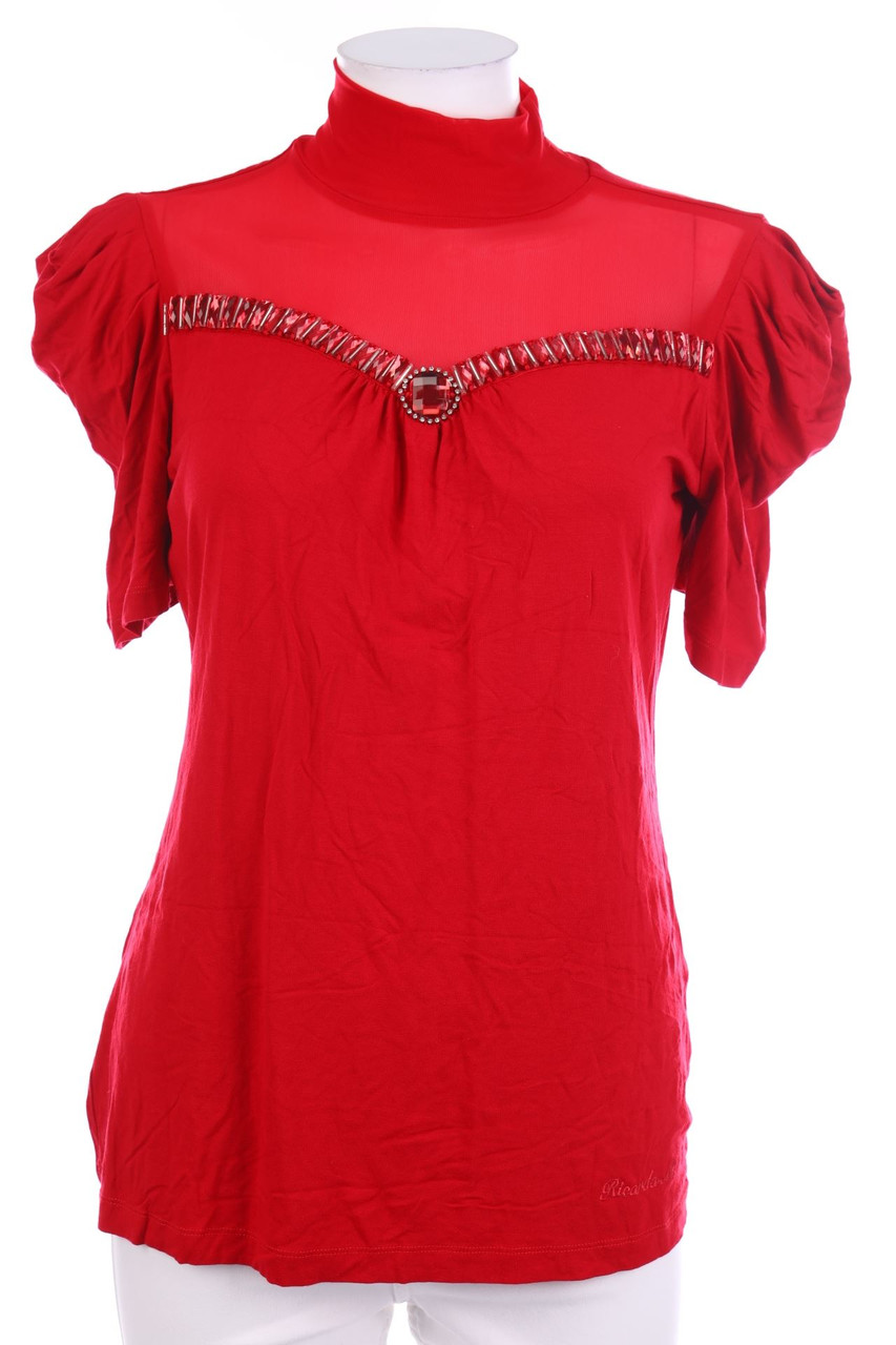 Ricarda M. - Kurzarm-Bluse mit Schmuckstein-Applikation - S