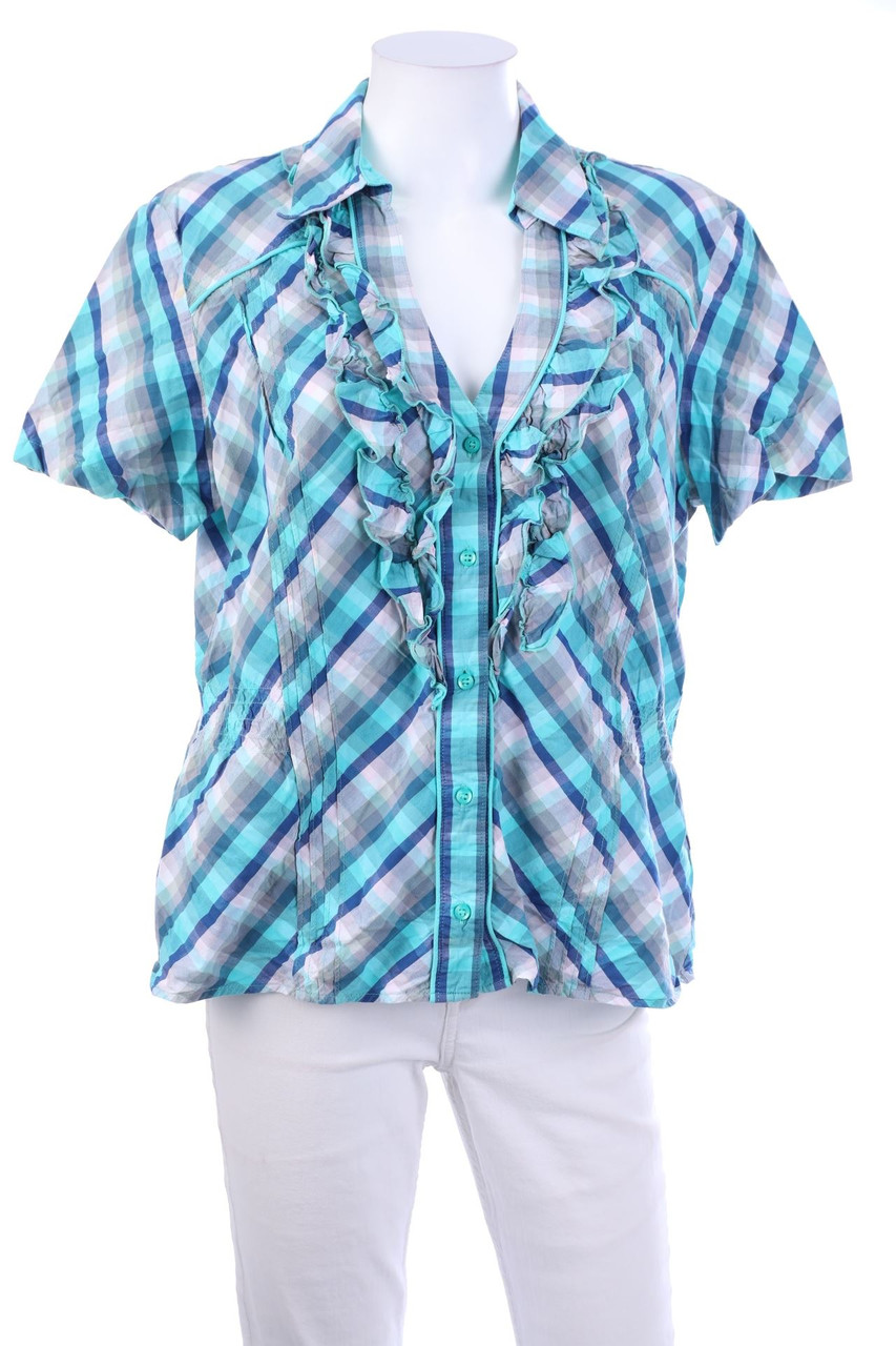 G.W. GERRY WEBER - Karo-Hemd-Bluse mit kurzem Ärmel mit Rüschen - 2XL