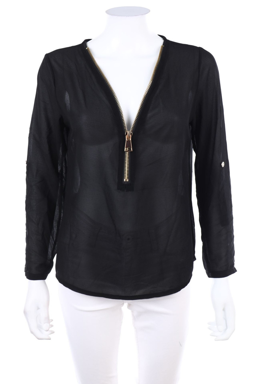 Ohne Label - Chiffon-Bluse mit Roll-up-Manschette - L