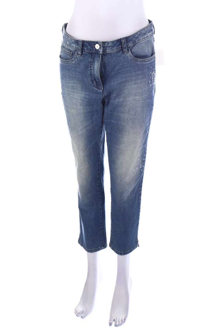 MADELEINE - Used Look Cropped Jeans mit Schmuckstein-Applikation - D 40