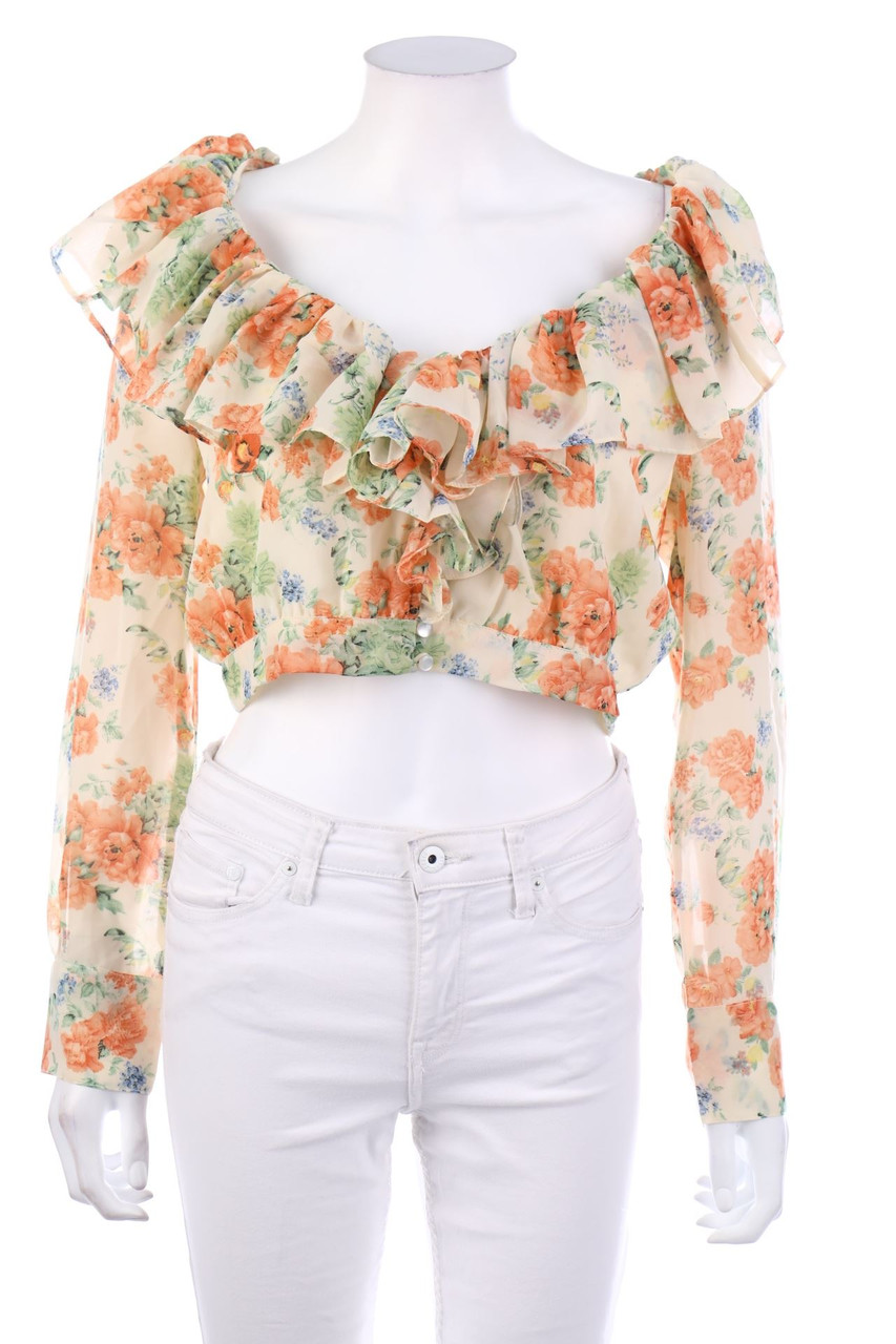 Boohoo - Carmen-Bluse mit Blumen-Print - L