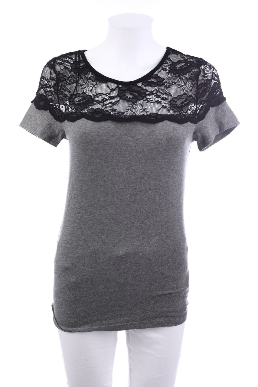 H&M - Kurzarm-Shirt mit Spitzen-Einsatz - S