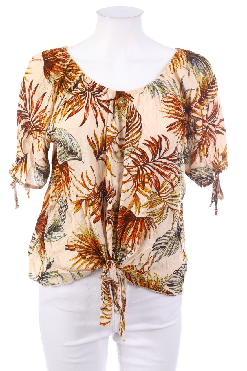 Chicorée - Kurzarm-Bluse mit Tropical Print zum Knoten - XL