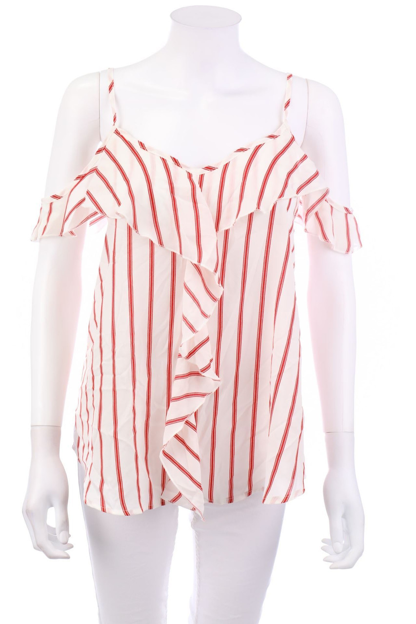 Ohne Label - Cold-Shoulder-Streifen-Kurzarm-Bluse mit Volants - D 38