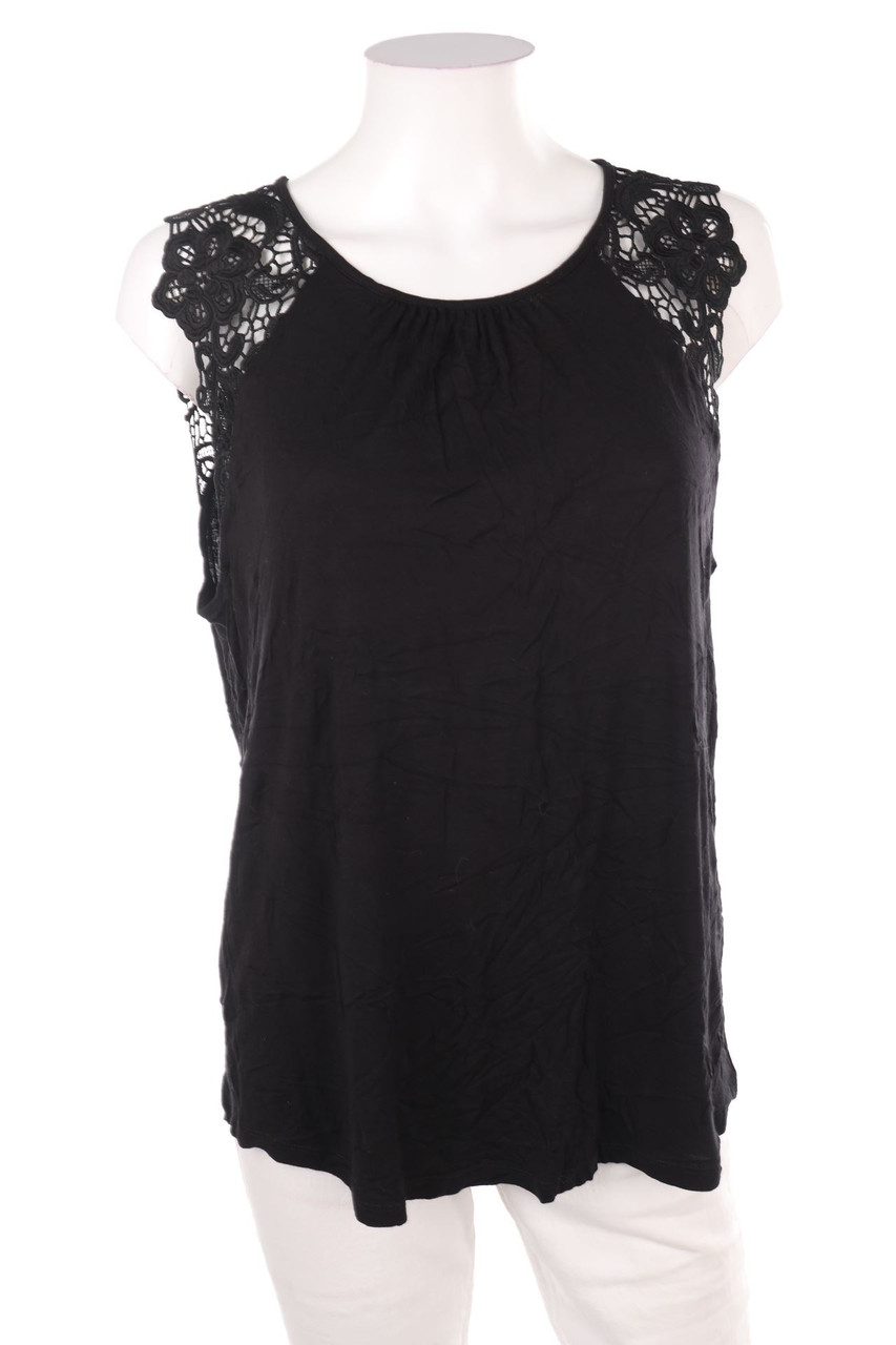 Ohne Label - Kurzarm-Bluse mit Spitzen-Einsatz - L