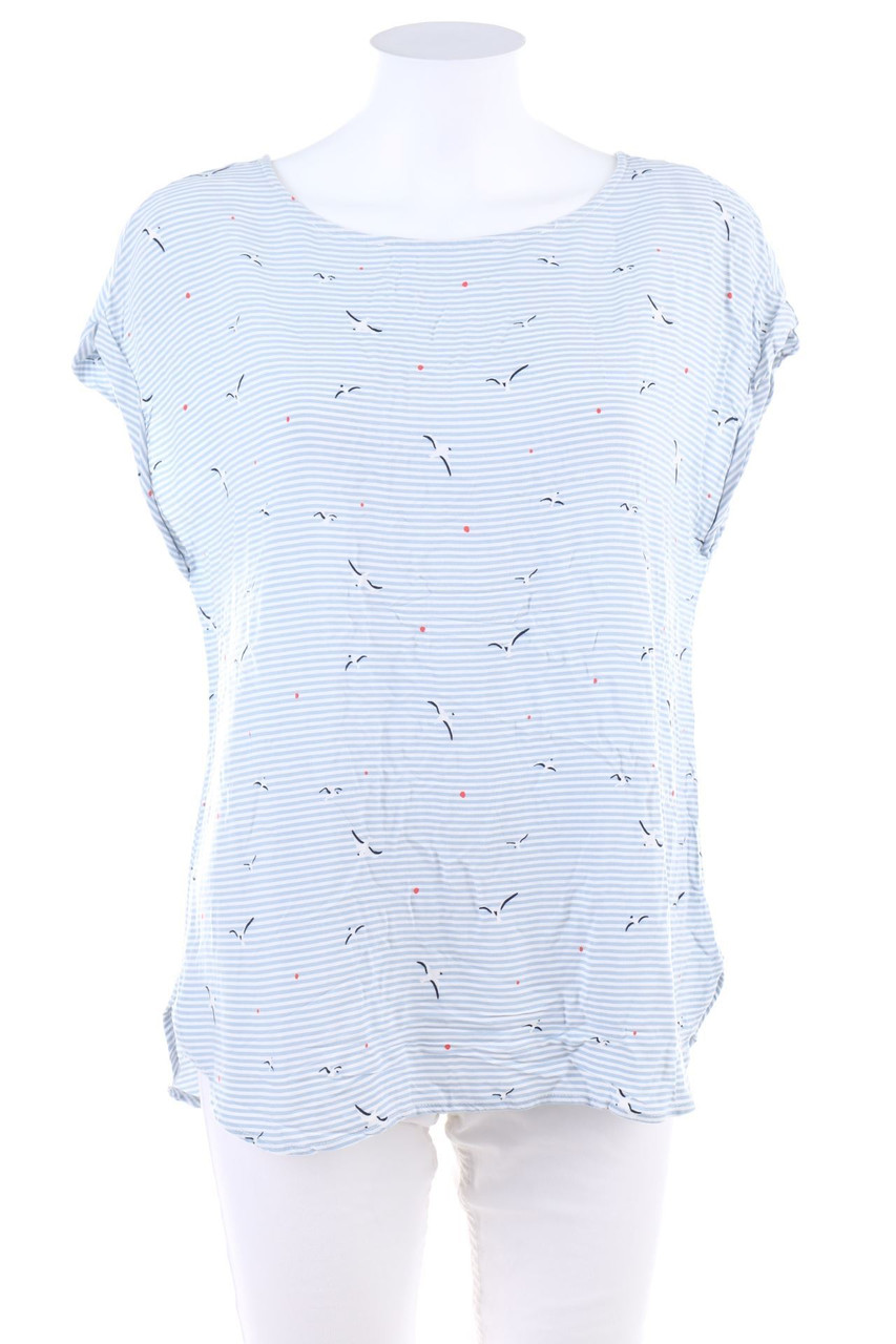 Ohne Label - Streifen-Kurzarm-Bluse mit Print - D 42