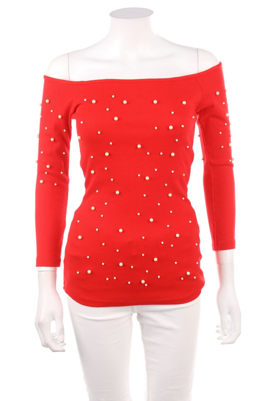 Ohne Label - Carmen-Pullover mit Perlen - XS