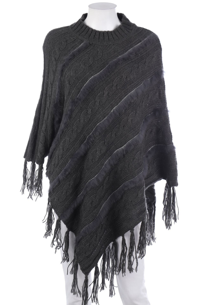 Ohne Label - Fransen-Poncho mit Echt-Pelz-Besatz - ONE SIZE