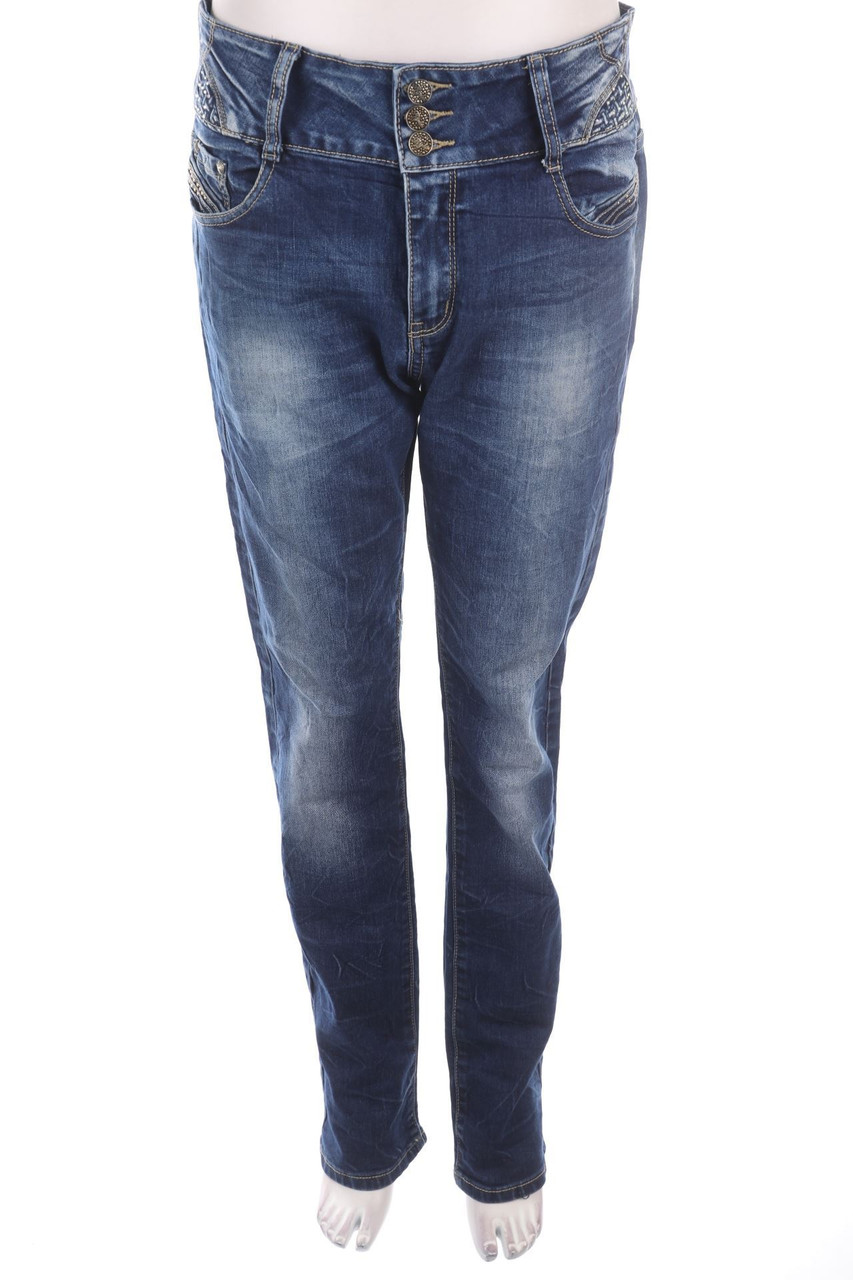 Miss Curry - Used Look Straight Cut Jeans mit Strass-Steinen - W33