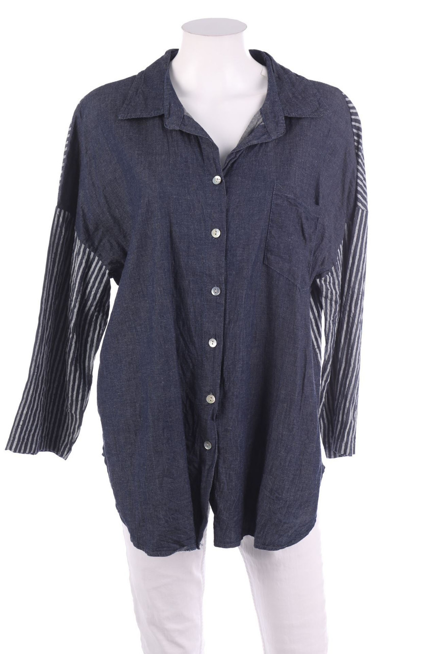 Ohne Label - Streifen-Hemd-Bluse mit 3/4-Ärmel in Denim-Optik - D 50