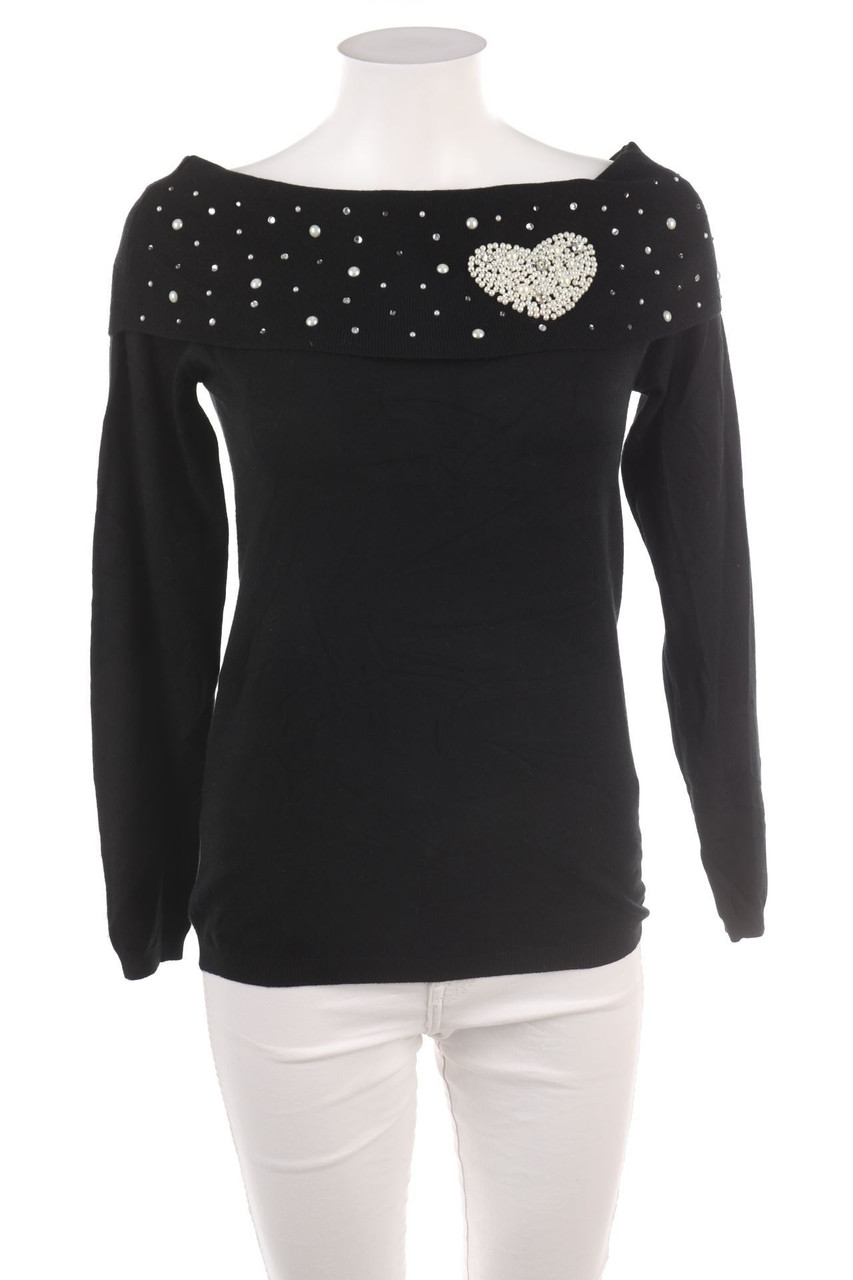 Ohne Label - Carmen-Strick-Pullover mit Perlen - S