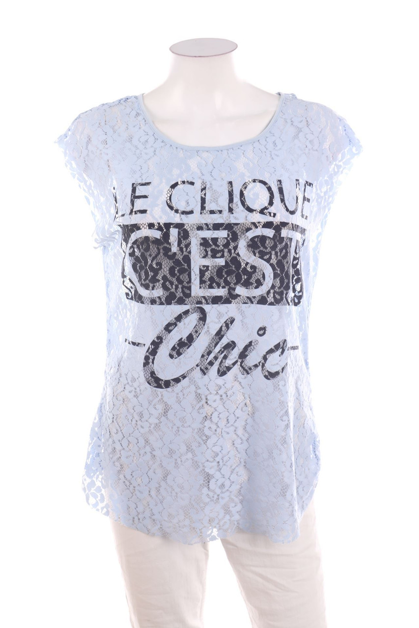 Ohne Label - Spitzen-Blusentop mit Statement-Print - L