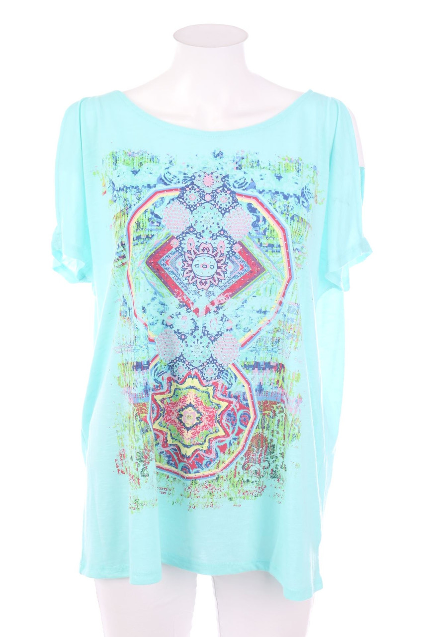 Ohne Label - Cold-Shoulder-Kurzarm-Shirt mit Print - D 46