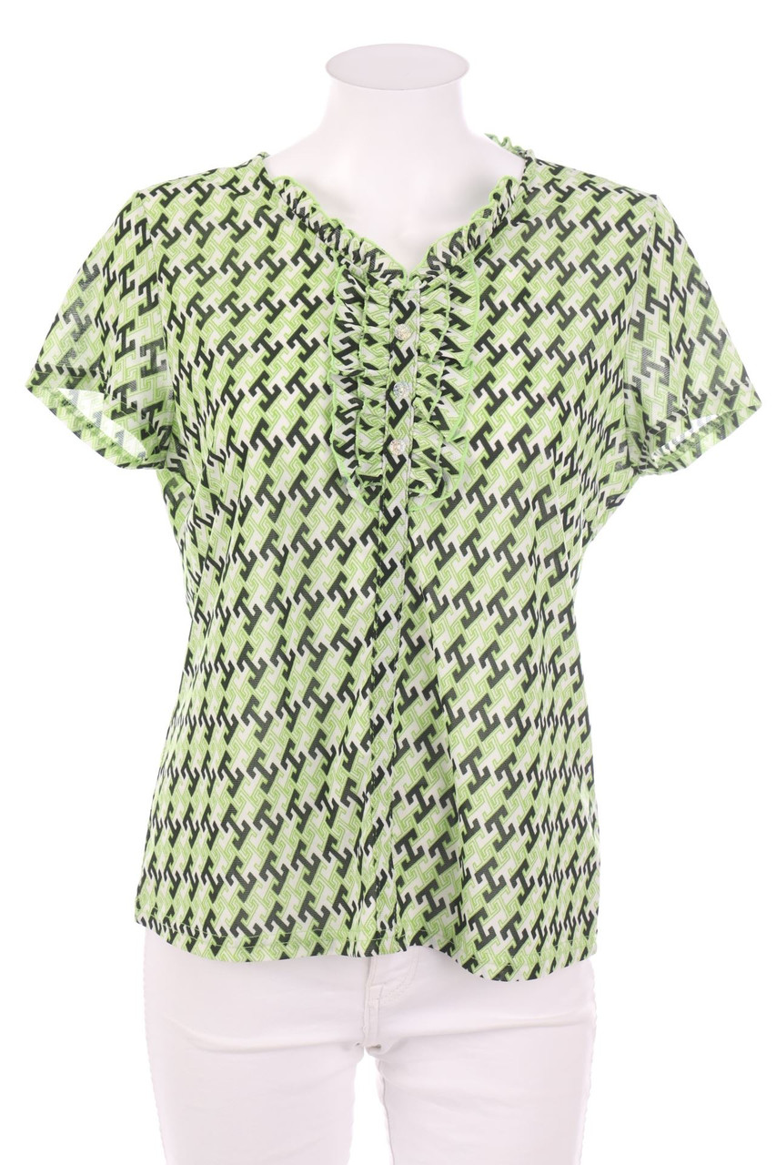 Ohne Label - Muster-Kurzarm-Bluse mit Rüschen - D 42-44