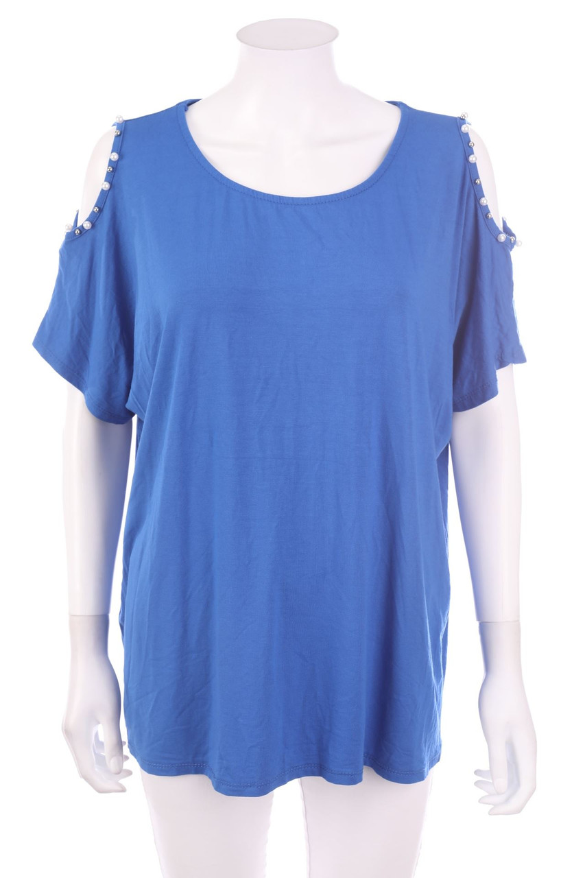Ohne Label - Cold-Shoulder-Kurzarm-Shirt mit Perlen - D 46
