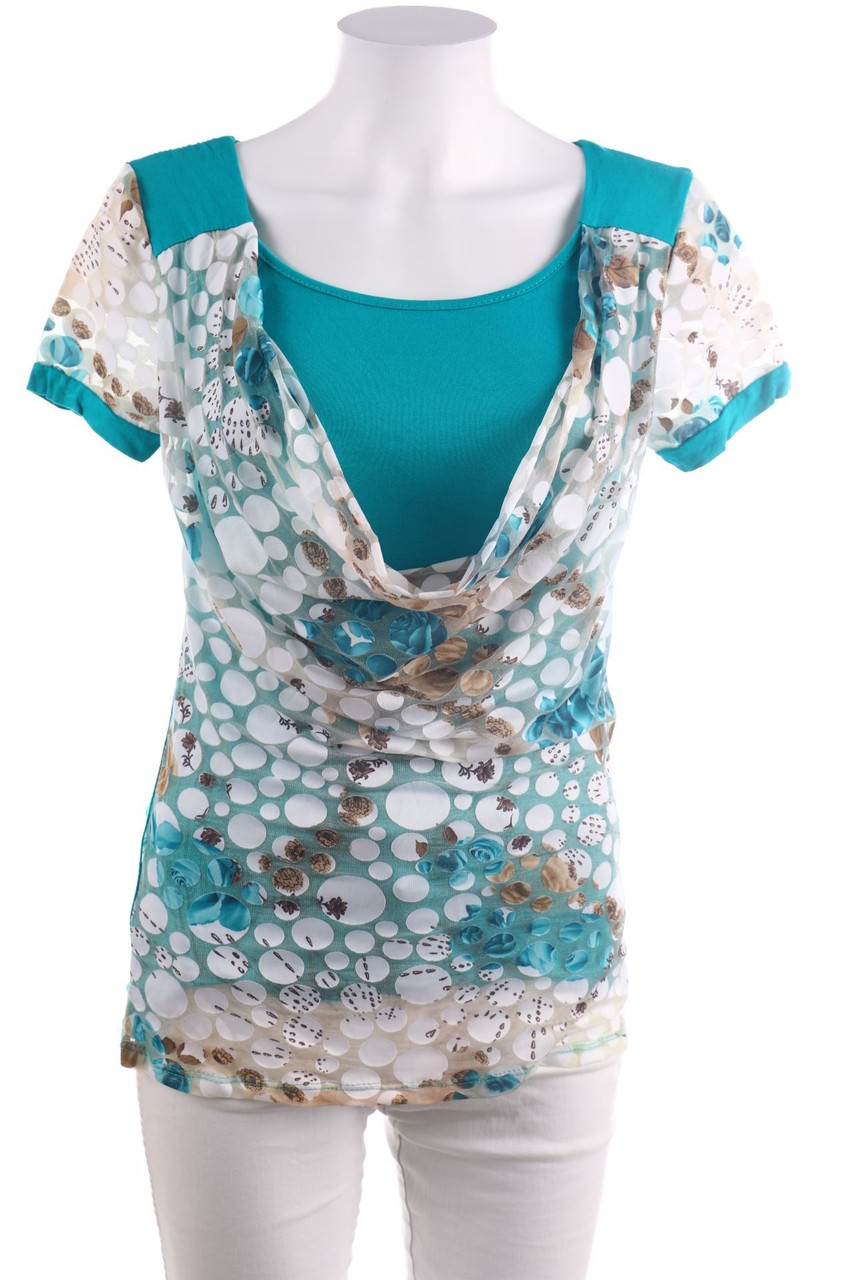 Ohne Label - Kurzarm-Shirt im Layer Look mit Wasserfall-Ausschnitt - D 36