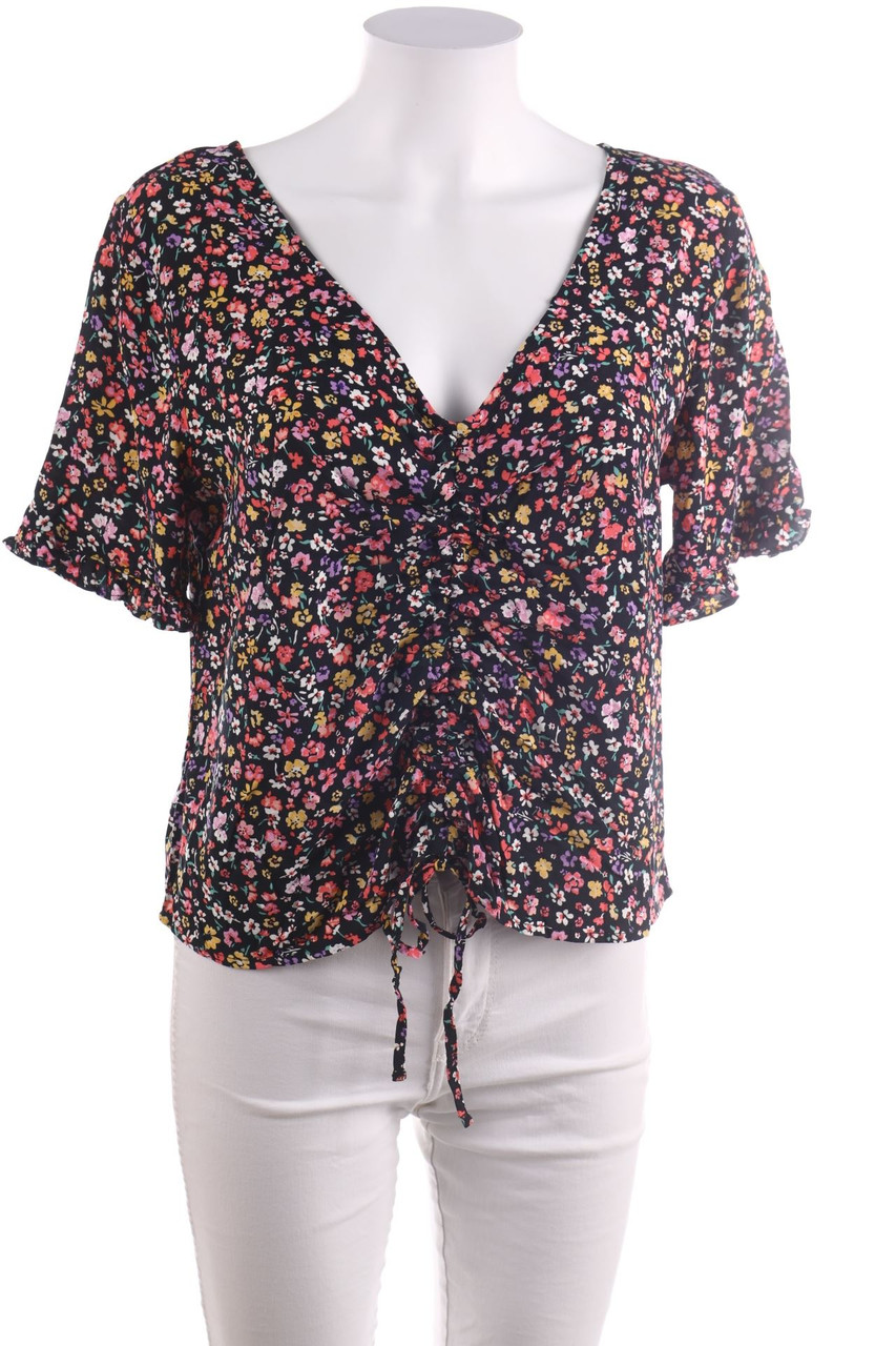 Ohne Label - Cropped-Kurzarm-Bluse mit Blumen-Print - D 42