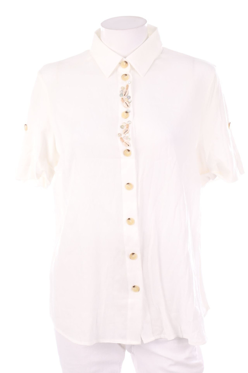 just white - Kurzarm-Bluse mit Roll-up-Manschette - XL